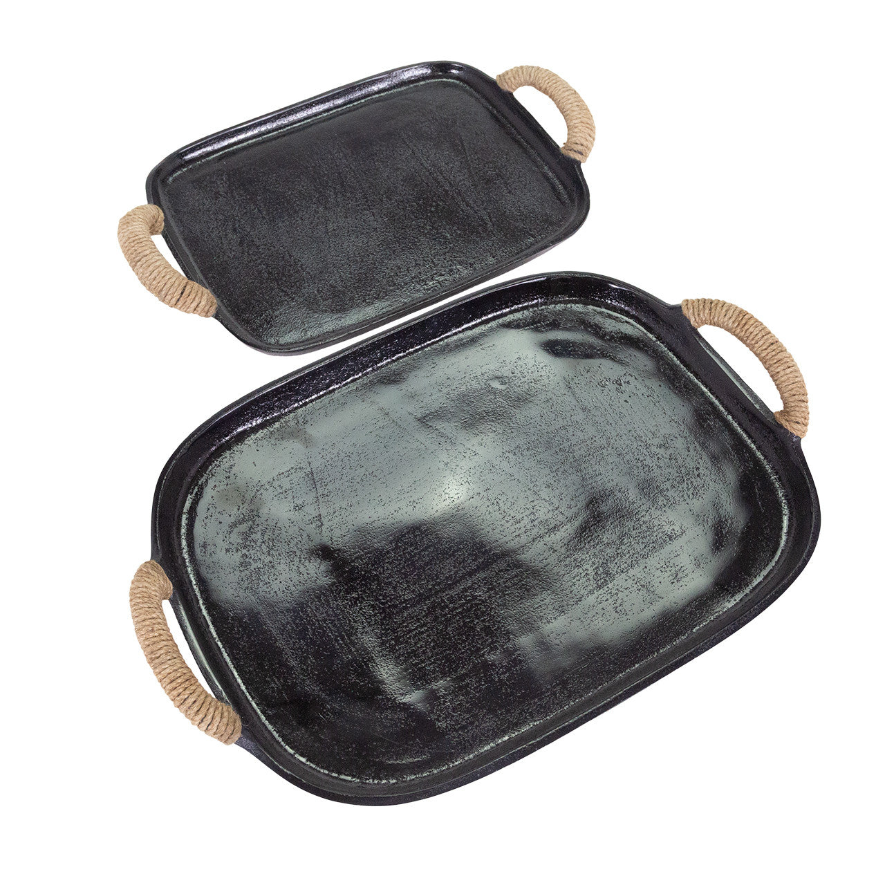 The Import Collection's Chi Chi Tray Small, a black transitional-style tray with rounded edges and jute-wrapped handles, is shown with a matching large tray overlapping on a white background.