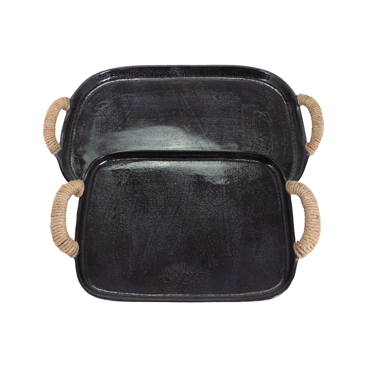 The Import Collection’s Chi Chi Tray Small is a black rectangular tray with rounded edges and jute-wrapped side handles. Transitional in style, it stacks neatly atop a larger matching tray for a layered decorative look.