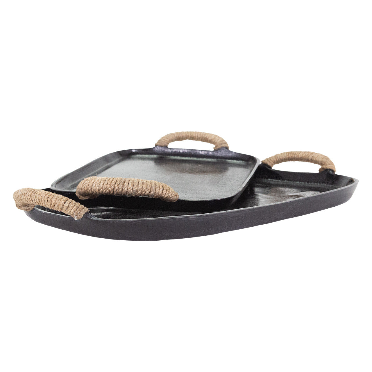 The Import Collection's Chi Chi Tray Small is a black, rectangular decorative tray with rounded edges and jute-wrapped handles, offering a rustic, handcrafted look perfect for transitional style settings.