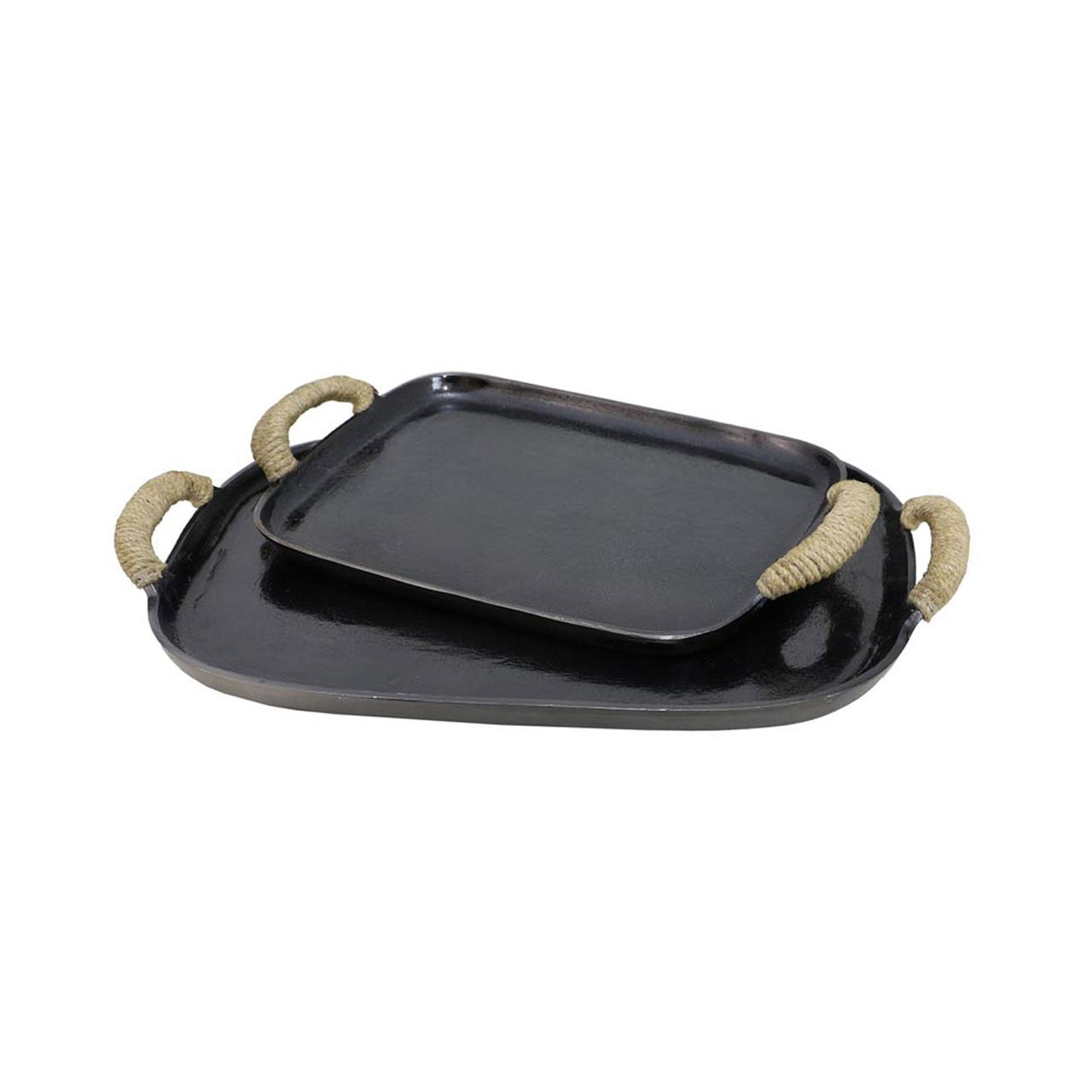 The Chi Chi Tray Small by The Import Collection, a black decorative tray with rounded corners and jute-wrapped handles, sits stacked atop a matching larger tray. Both are displayed against a white background for transitional style.