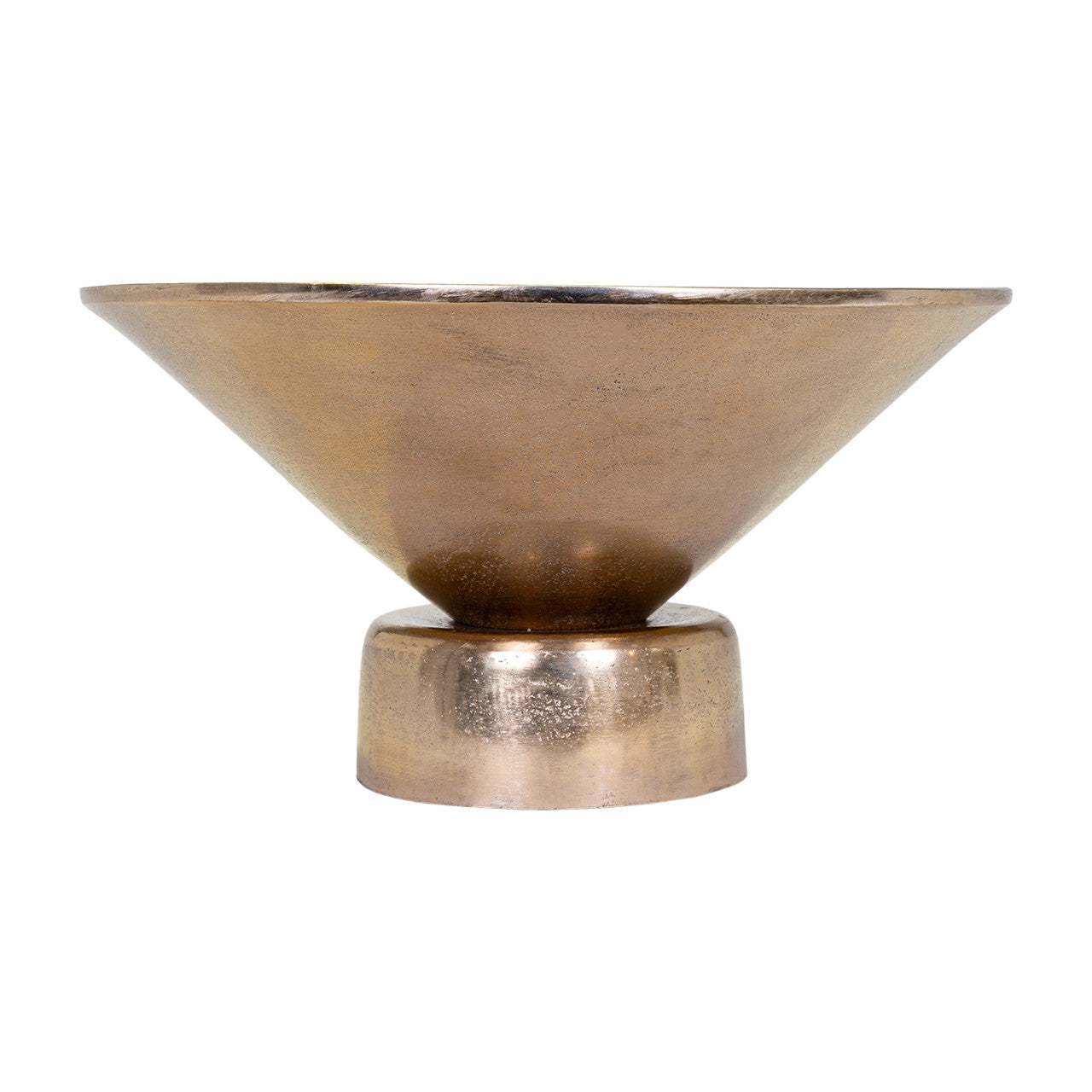 The Import Collection's Vivar Bowl features a wide, shallow metallic bronze conical design on a short cylindrical base—an eye-catching gold aluminum pedestal perfect for modern home decor.