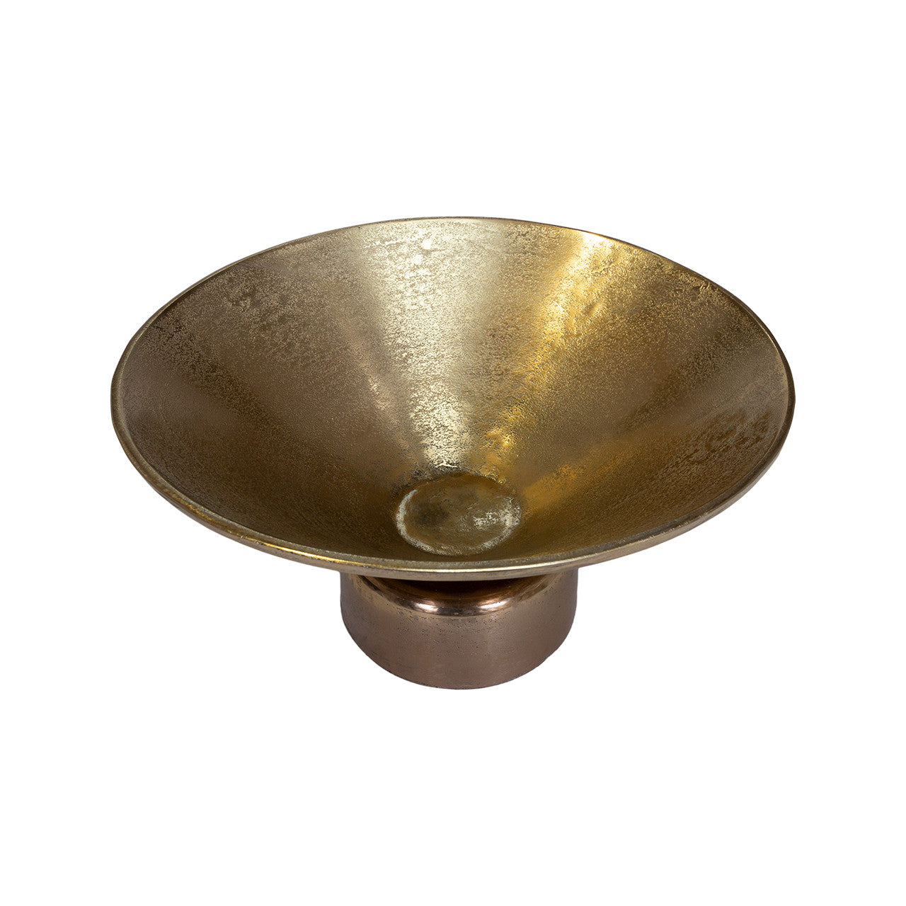 The Vivar Bowl by The Import Collection features a wide, shallow design with a textured gold finish and short cylindrical base, perfect for modern decor. Shown against a white background.