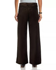 A person is shown from the back wearing LE Slim Palazzo Velvet pants in dark brown, featuring a high rise, five pockets, wide-leg fit, and two back pockets. They pair it with a light top and stand with arms relaxed at their sides.