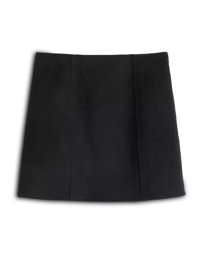 The Naomi Mini Skirt by Alex Mill is a plain black mini with a straight cut, subtle vertical seams, and princess seams for shape, shown on a white background.