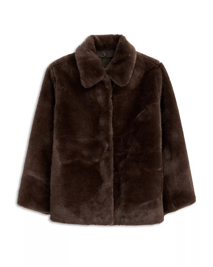 The Duane St Jacket by Alex Mill features dark brown faux fur, a spread collar, long sleeves, and a relaxed fit, shown laid flat on a white background.