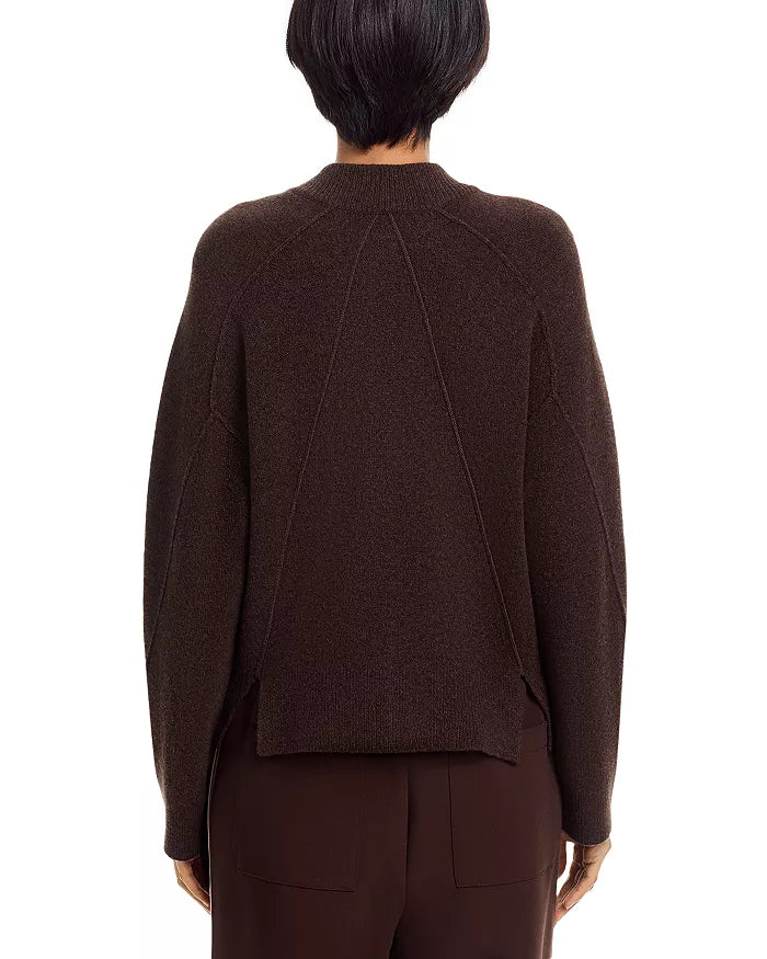 A person with short dark hair is shown from the back, wearing the Rag & Bone bridget mock neck cardigan in dark brown wool blend with matching pants—a cozy cold weather layer—against a white background.
