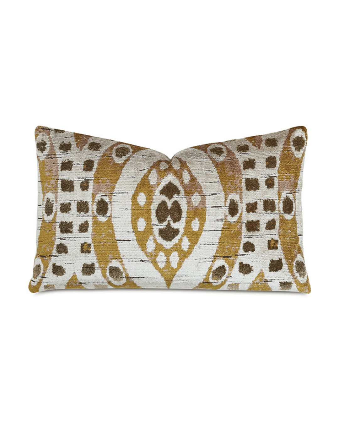The EARTH TONE VELVET DECORATIVE PILLOW 13x22 by Eastern Accents features a symmetrical, geometric brown and mustard yellow pattern on a light background. The design includes circular and oval shapes, creating an intricate and decorative appearance. This elegant piece adds a touch of earth tones with its deluxe down feather insert.