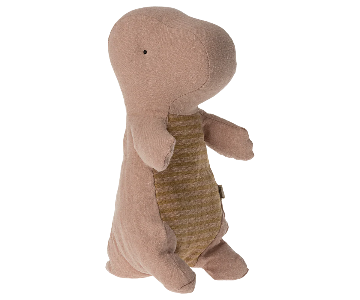 The Maileg Gantosaurus in Egg is a soft, brown dinosaur toy with small arms, stitched details, and a striped light brown belly, shown standing upright against a plain white background.