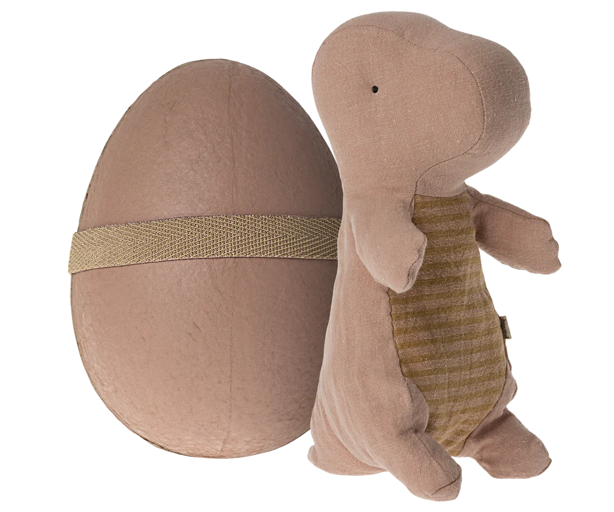 A soft, light brown Maileg Mouse plush toy with a striped belly stands beside a matching egg-shaped container—perfect for expanding your Maileg collection.