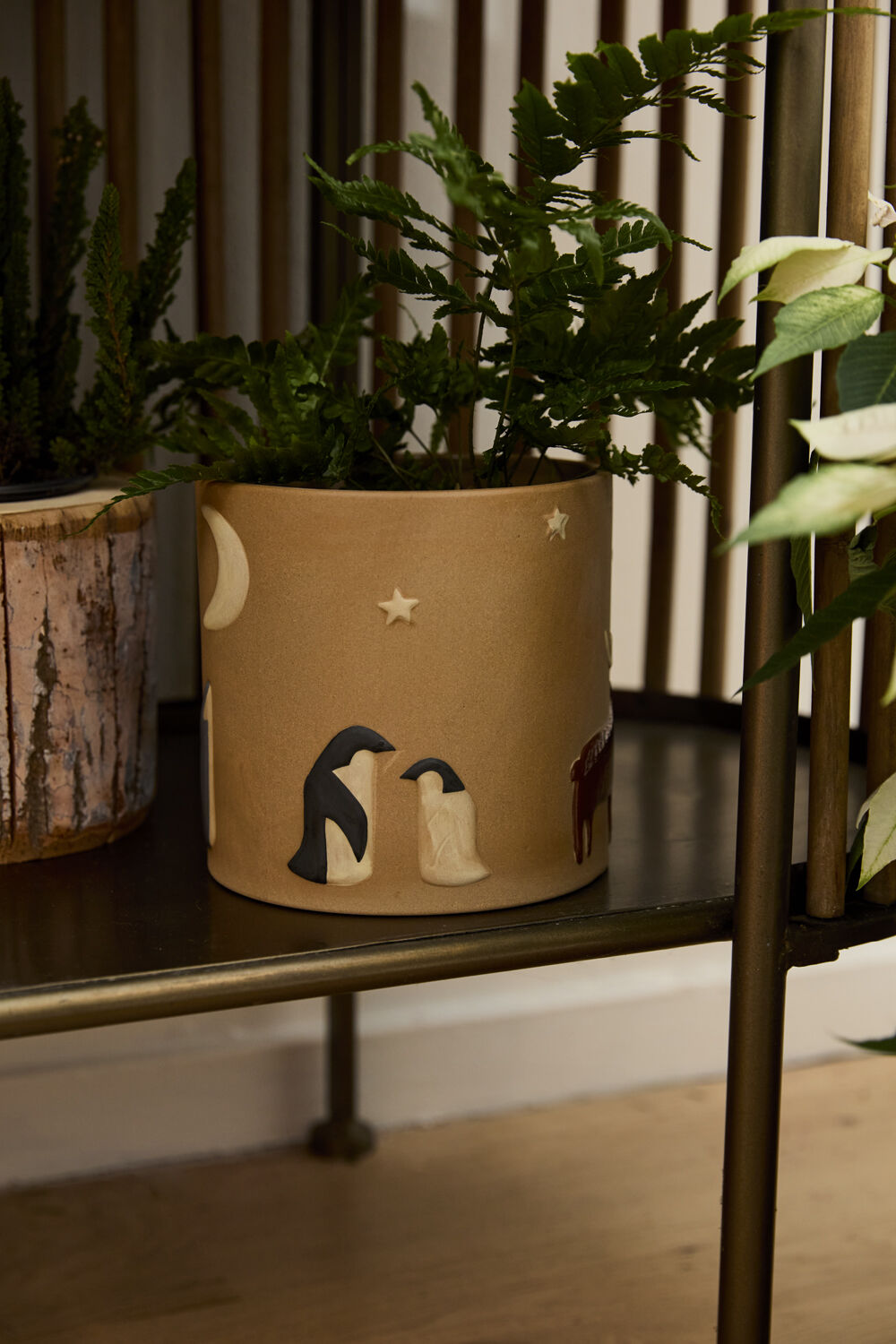 The Accent Decor Antarctica Pot, featuring nativity scene designs, holds a green fern and sits on a dark shelf among other potted plants.