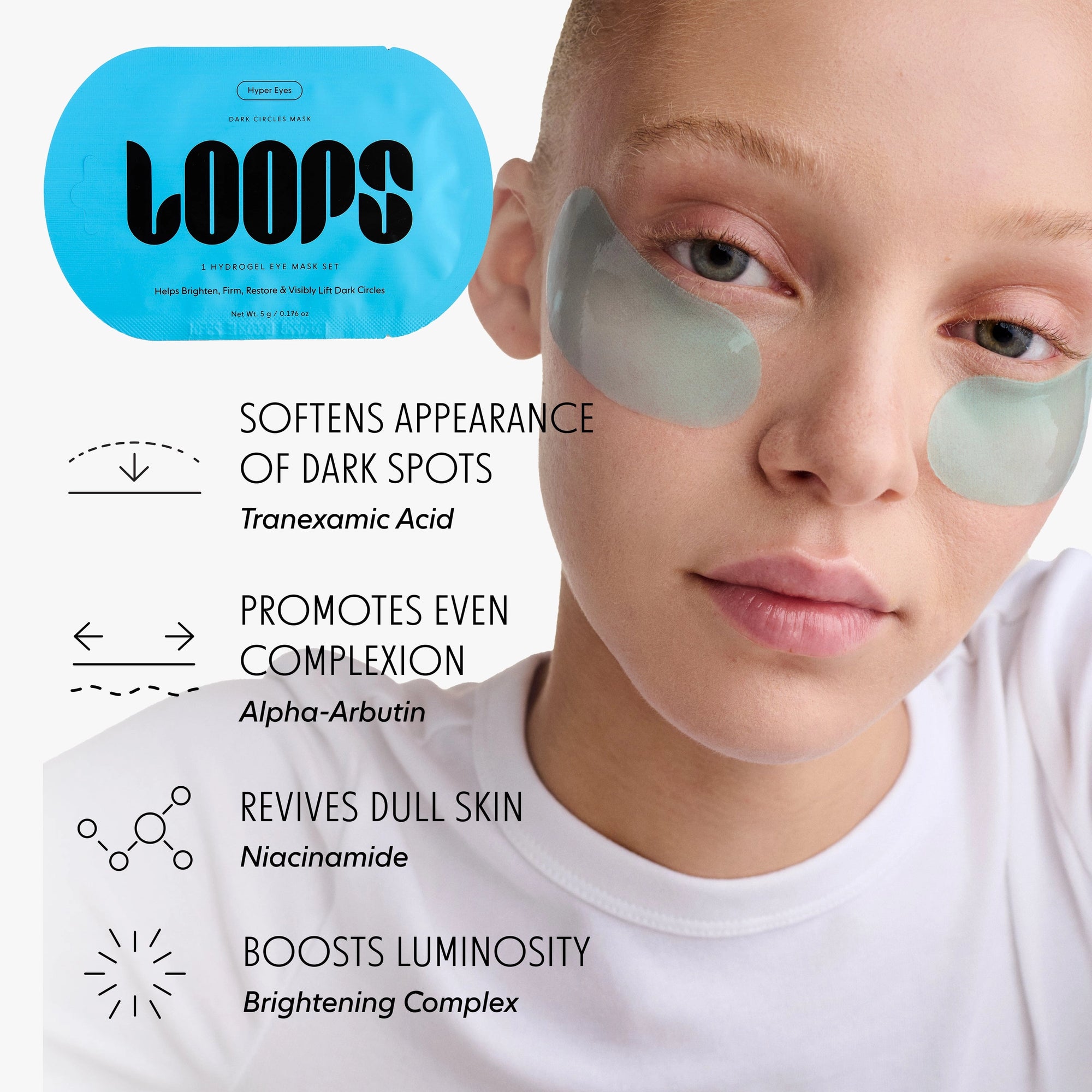 A person with light skin wears a translucent blue Faire LOOPS HydroGel Eye Mask. Text highlights benefits: softens dark circles, evens complexion, revives dull skin, boosts luminosity; key ingredients are listed.
