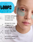 A person with light skin wears a translucent blue Faire LOOPS HydroGel Eye Mask. Text highlights benefits: softens dark circles, evens complexion, revives dull skin, boosts luminosity; key ingredients are listed.