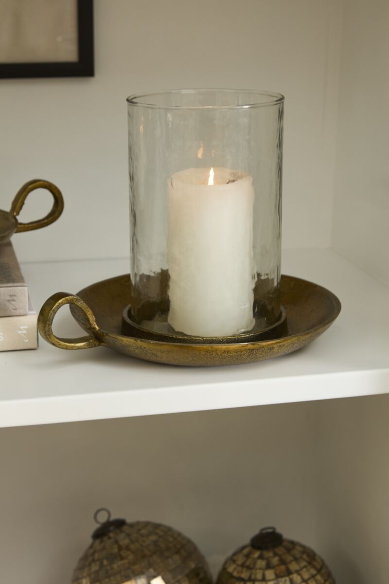 White candle in glass holder on bronze tray by Accent Decor, Winter Warmth Candle Holder, perfect holiday accent piece.