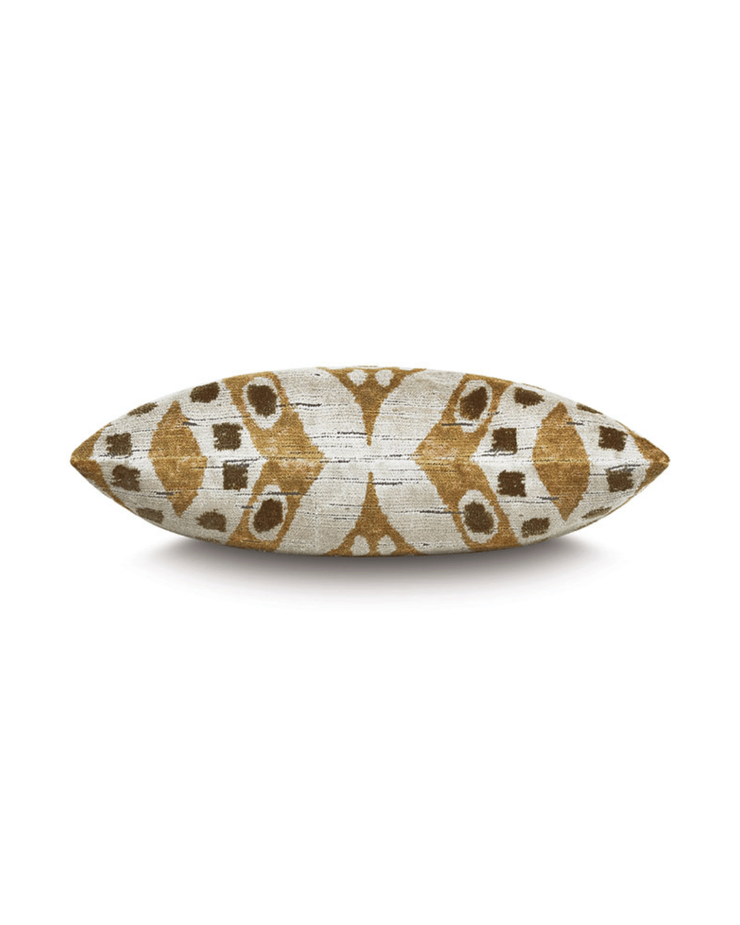 A long, oval-shaped throw pillow features a symmetrical pattern in earth tones of brown and gold on a white background. The design includes geometric shapes and intricate details, giving it a bohemian or tribal aesthetic. This Eastern Accents EARTH TONE VELVET DECORATIVE PILLOW 13x22 is slightly textured with a deluxe down feather insert.