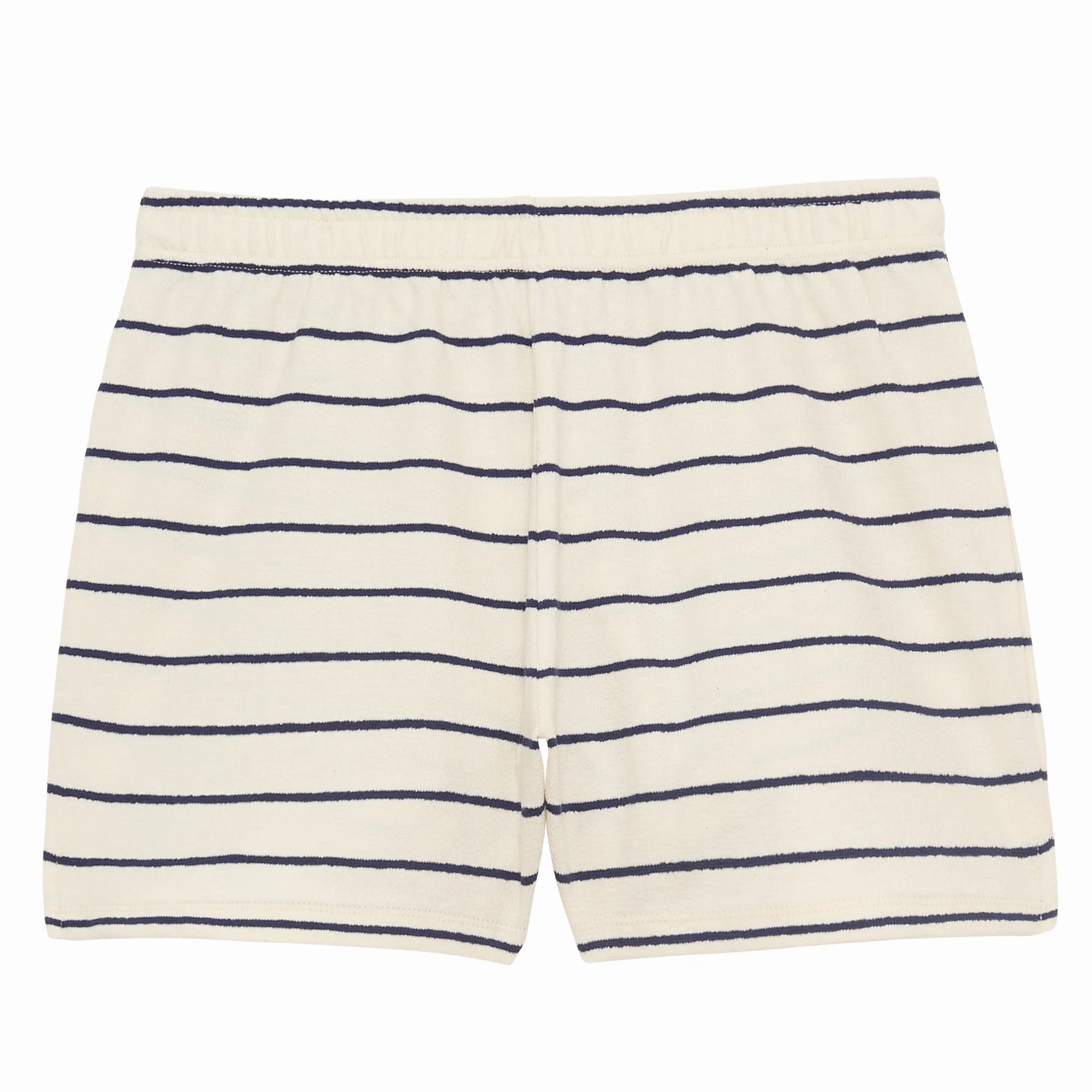 The Lucas Short by Ines De LA Fressange features cream-colored organic cotton terry with horizontal navy blue stripes and an elastic waistband, shown laid flat on a white background.