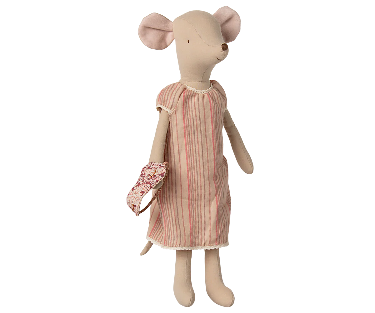 The Maileg Medium Mouse, Nightgown by Maileg is a soft, cuddly doll in a pink and beige striped nightgown, holding a small pillow—your perfect bedtime companion—shown standing against a plain white background.