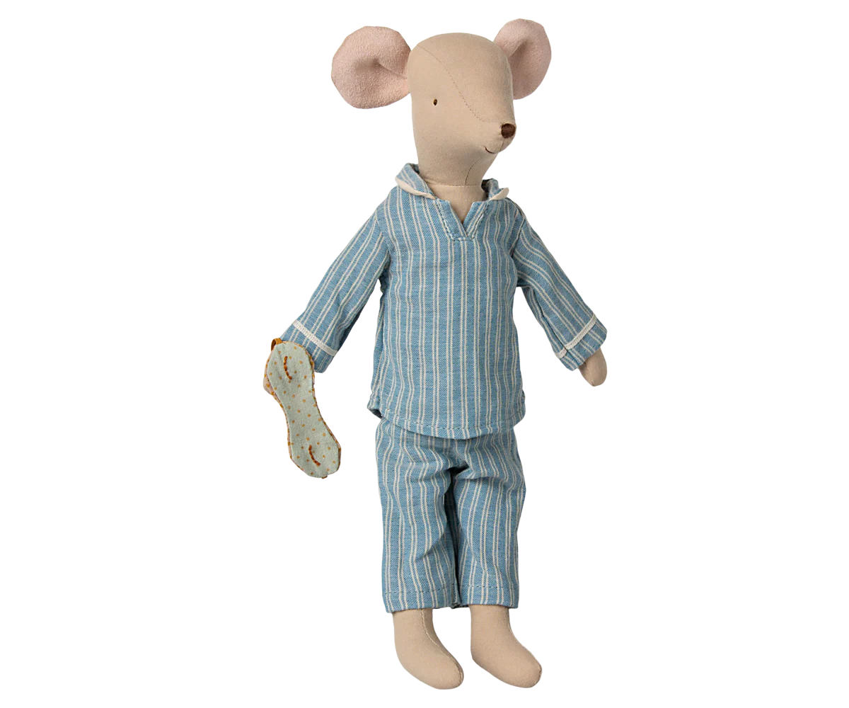 The Maileg Medium Mouse, Pyjamas by Maileg features a cuddly plush mouse in blue and white striped pajamas, holding a pillow—an ideal bedtime companion on a plain white background.