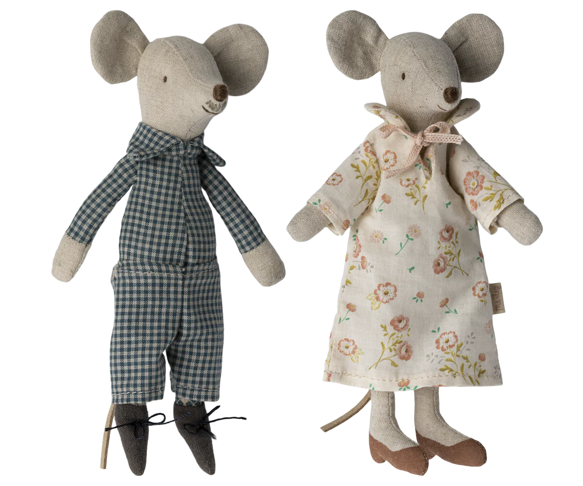 Maileg Grandma & Grandpa Mice by Maileg feature Grandma in a cream floral dress and Grandpa in a blue plaid outfit, both with stitched faces and big ears—perfect for tucking into a matchbox bed.