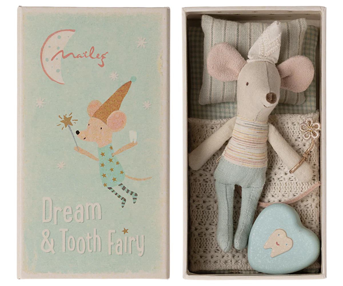 The Maileg Tooth Fairy Mouse gift box by Maileg features a mouse illustration on the lid and includes a plush crowned mouse, crocheted blanket, magic wand, and a blue heart-shaped tooth box for keeping lost teeth safe.