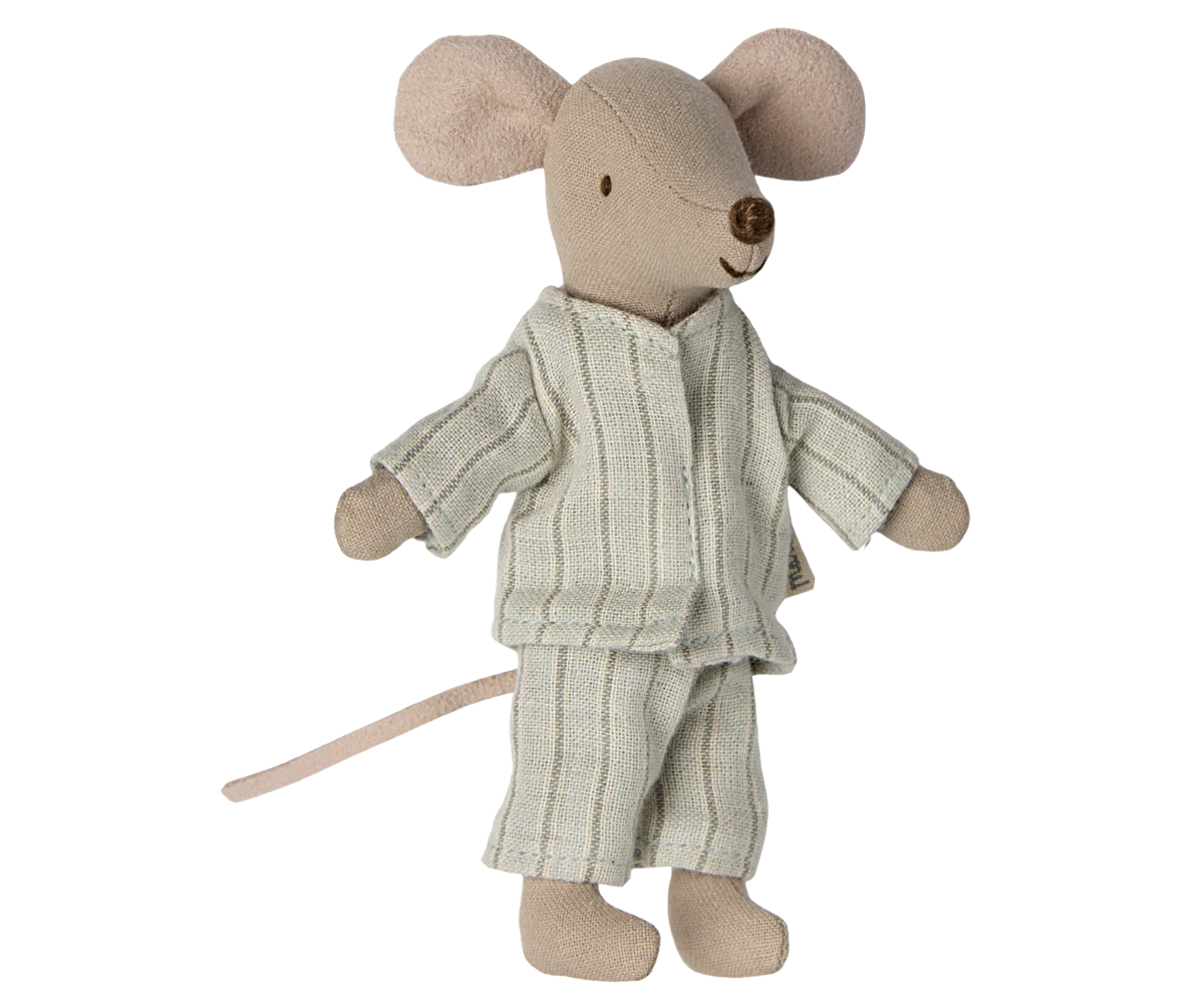 The Maileg Big Brother Mouse by Maileg stands upright in striped pajamas, featuring soft fabrics, large round ears, and a long tail—perfect for cuddling.
