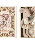 Two Maileg Royal Mouse plush toys, dressed as king and queen, lie in a decorative box. The left side shows an illustration of the royal twins and the text: "Mini Matches Royal Twins Danish Design by Maileg.