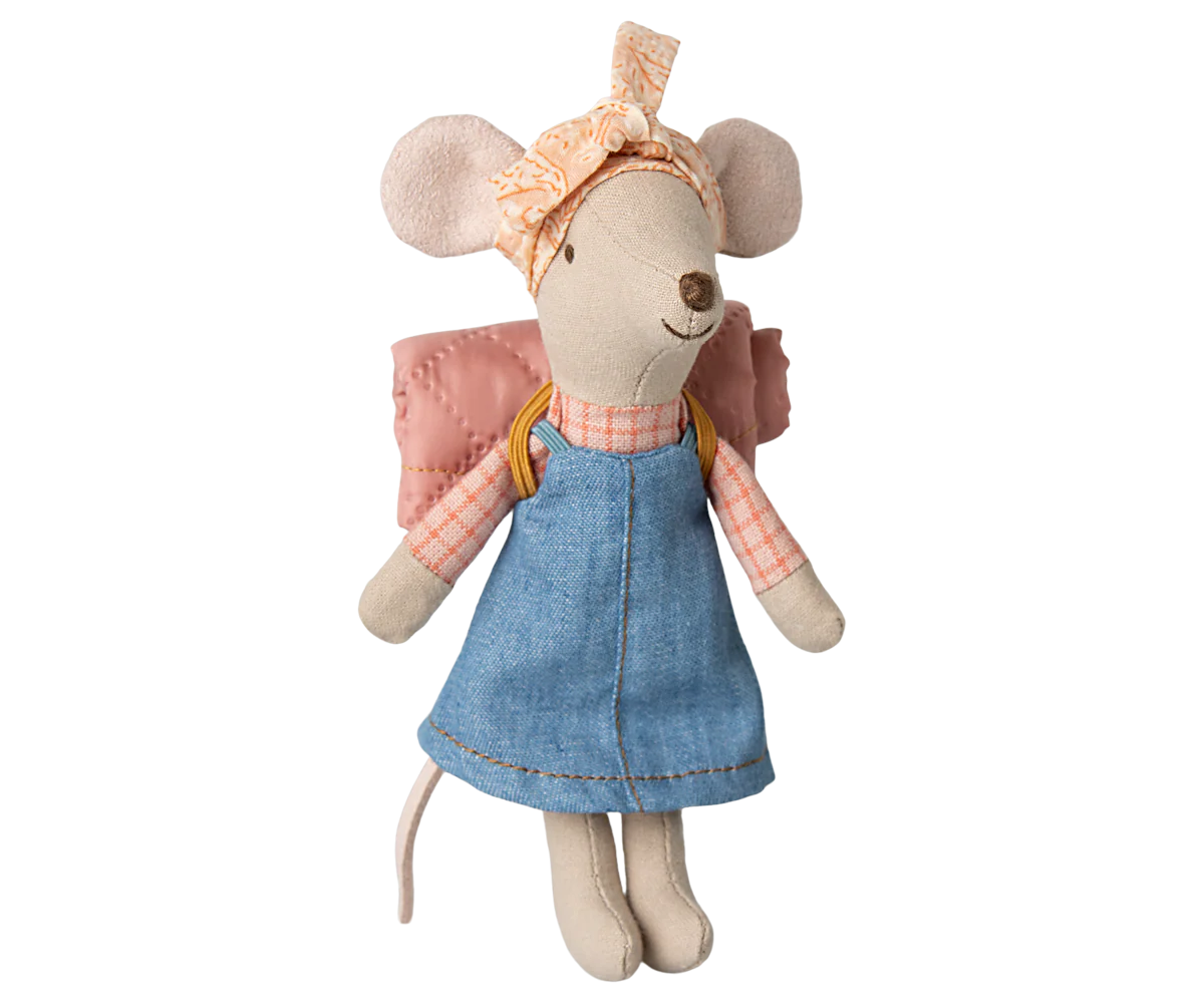 Maileg Hiker Mouse by Maileg wears a blue dress, pink checkered shirt, orange bow headband, and carries a pink backpack with hiking accessories.