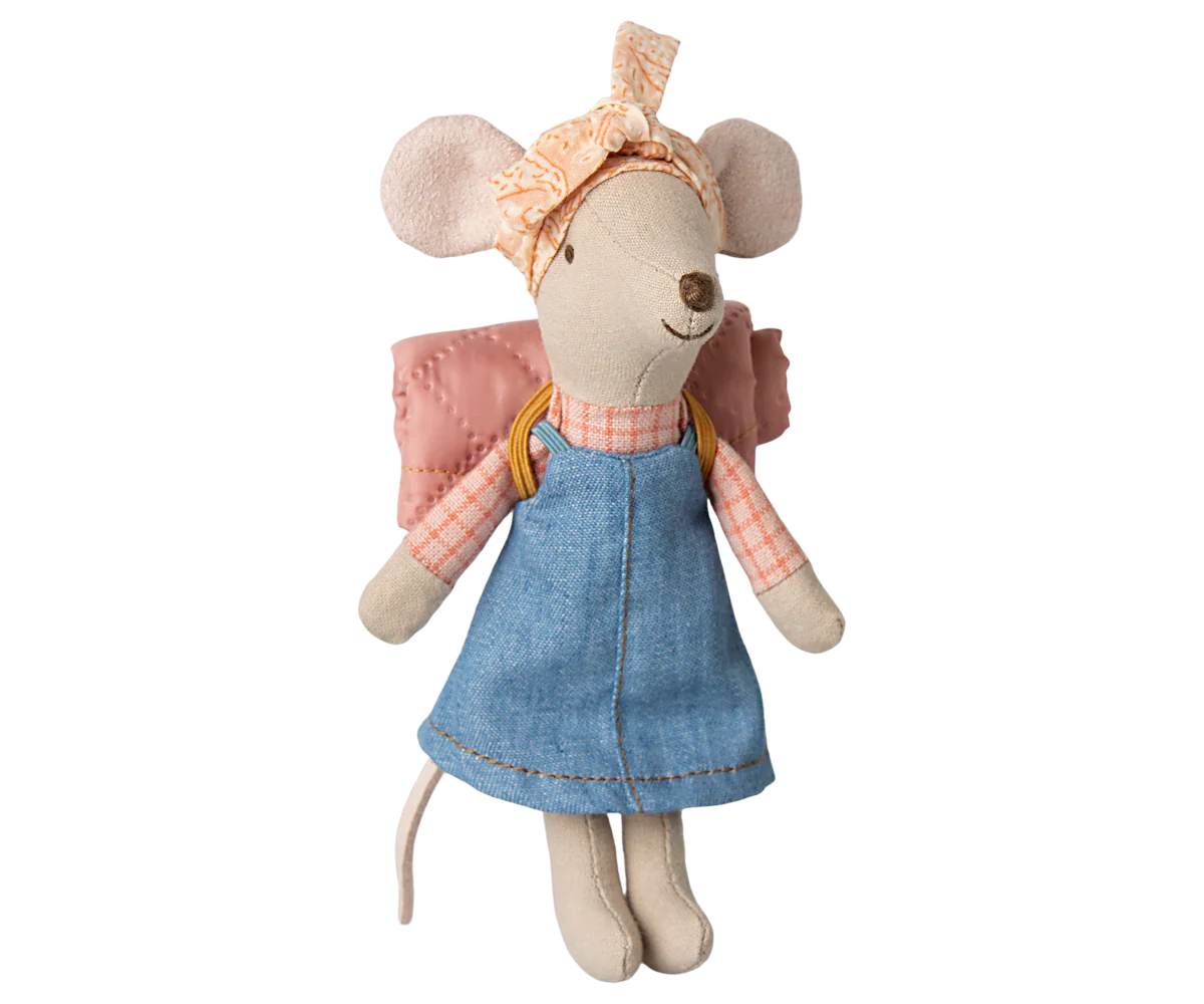 The Maileg Mouse by Maileg features a blue denim dress, pink plaid shirt, headband with bow, and pink backpack, plus stitched smile and floppy ears—an adorable addition to any mice family.