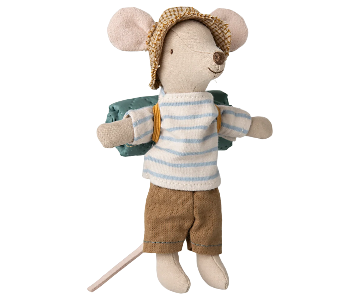 Maileg Hiker Mouse in striped shirt, brown pants, hat and backpack; Maileg toy by Bungalow Furniture &amp; Accessories.