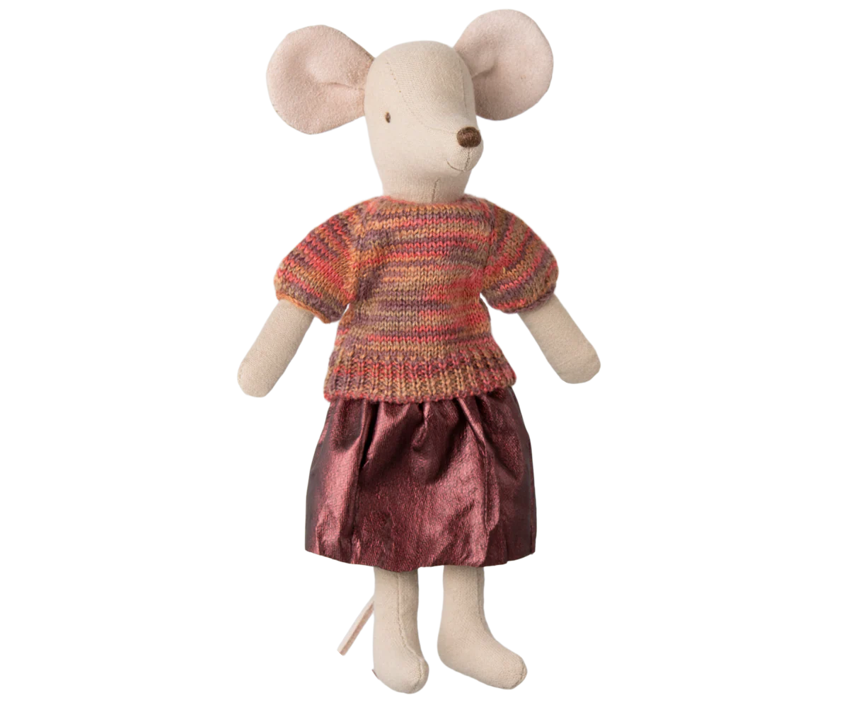 The Maileg Skirt &amp; Knitted Blouse doll by Maileg features a fabric mouse with large pink ears, a stitched nose, and dressed in a knitted blouse and shiny pink skirt, standing upright against a white background.