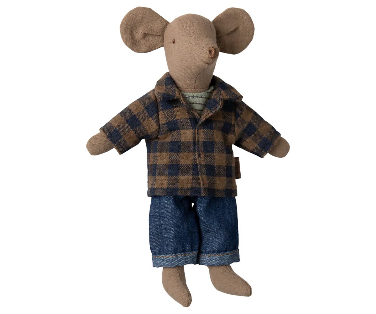 The Maileg Dad Mouse Outfit by Maileg features a fabric mouse doll in classic jeans, a flannel shirt, and a brown and blue plaid jacket, shown standing upright against a plain white background.