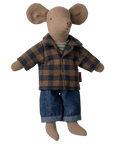 The Maileg Dad Mouse Outfit by Maileg features a fabric mouse doll in classic jeans, a flannel shirt, and a brown and blue plaid jacket, shown standing upright against a plain white background.
