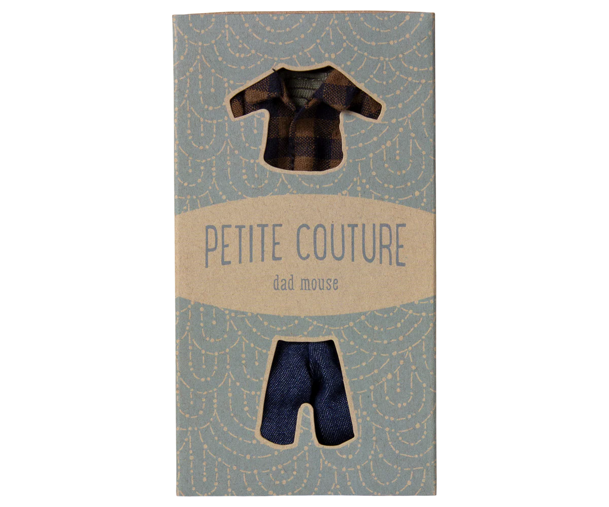 A Maileg cardboard package labeled "Maileg Dad Mouse Outfit" shows a tiny flannel shirt and classic jeans for toy mice, visible through two cutout windows.