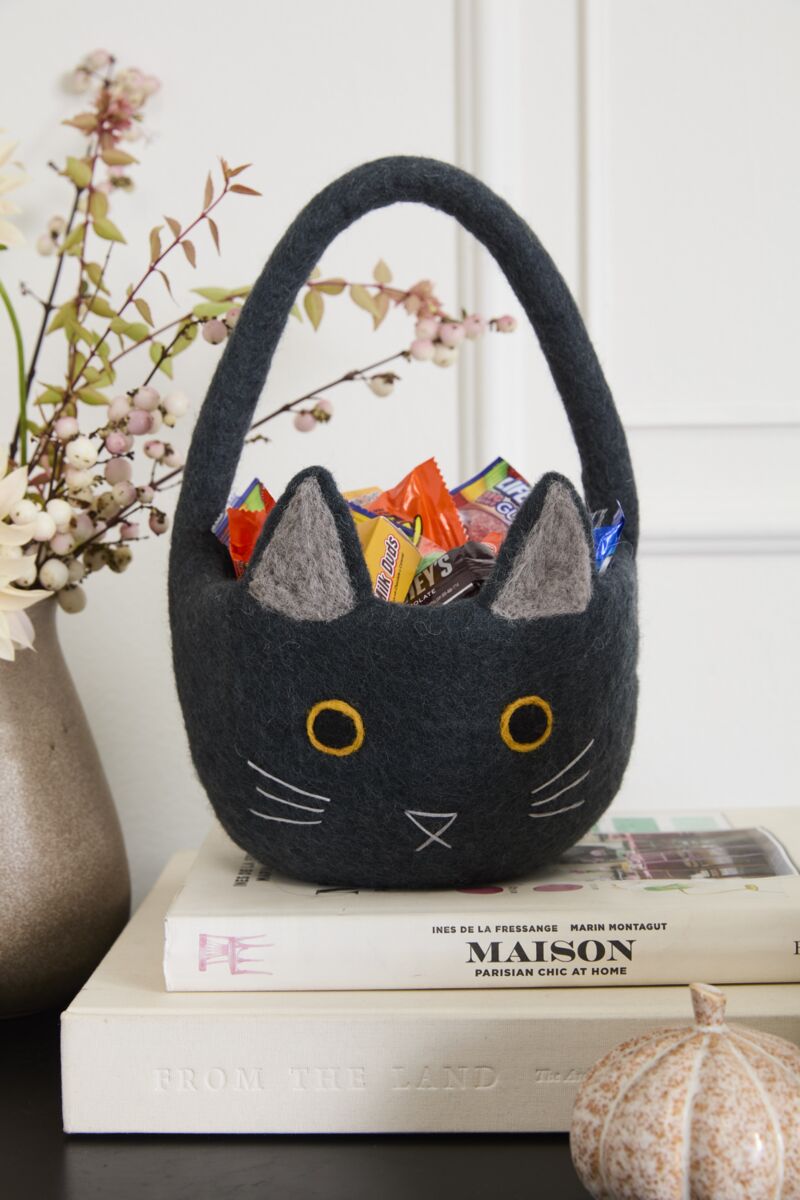 The Accent Decor Tricks & Treats Basket, shaped like a black cat with yellow eyes and gray ears and filled with colorful candies, sits on stacked books beside a vase of flowers and a decorative pumpkin for festive Halloween decor.