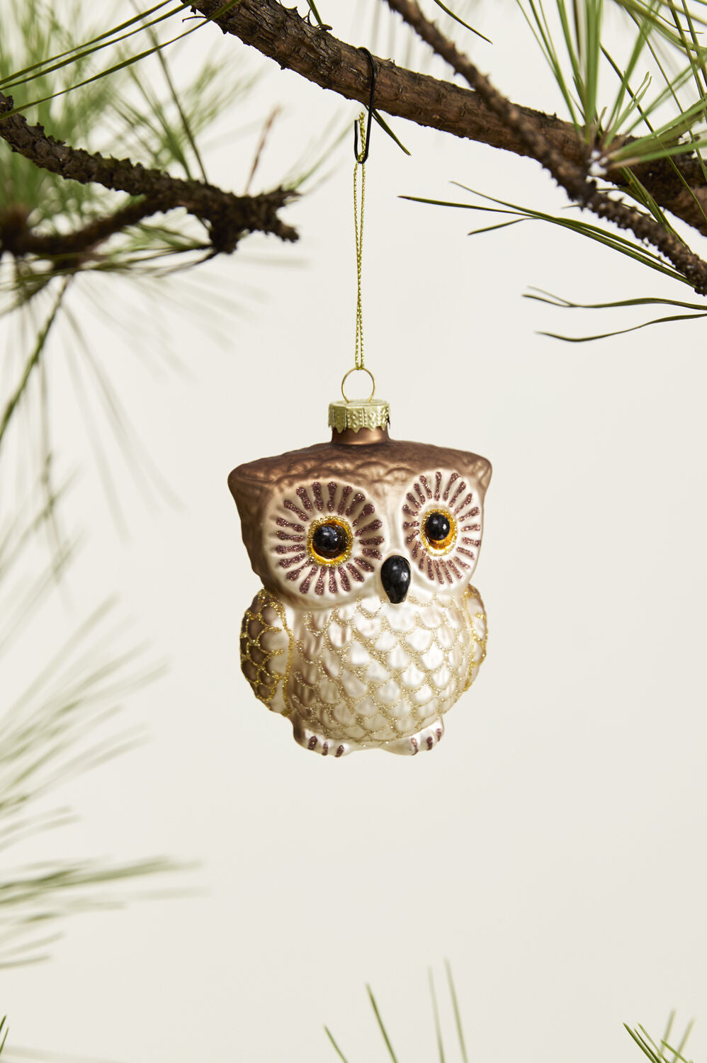 The Accent Decor Owl Ornament, crafted in brown and cream glass, hangs from a gold string on a pine branch, creating a charming forest accent against a simple background.
