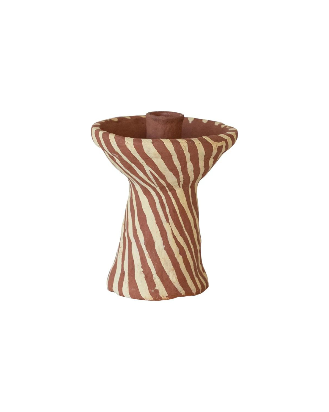 A Creative Co-op Paper Mache Taper Holder displayed against a white background. The holder, reminiscent of a ceramic vase with a flared top and narrow base, features a hand-painted pattern of wavy, vertical stripes in alternating red and white.