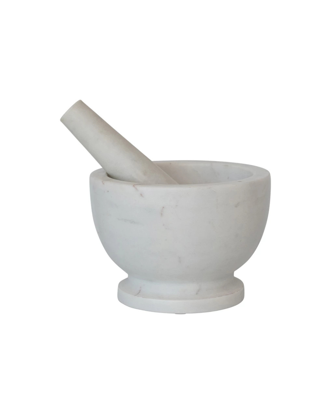 The Marble Mortar & Pestle by Creative Co-op has a smooth, rounded white marble bowl on a pedestal base, ideal as a classic kitchen tool. Its cylindrical pestle with a slightly larger end fits elegantly inside for efficient grinding.