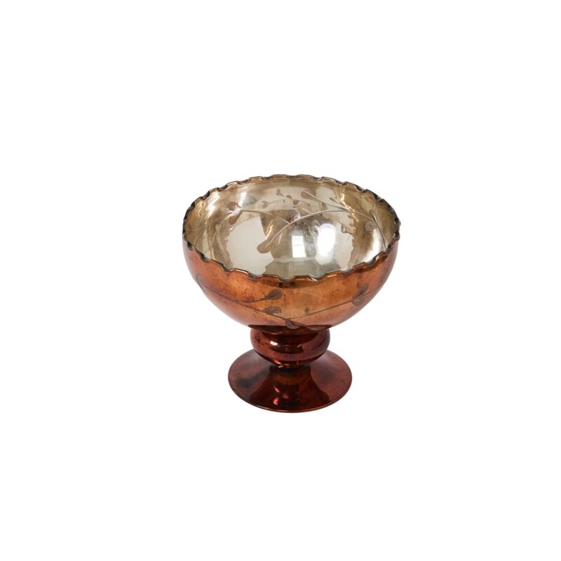 The Naomi Compote by Accent Decor is a mercury glass bowl with a metallic copper finish, scalloped rim, and floral etching on a short pedestal—an elegant vessel ideal for showcasing holiday florals against a white background.