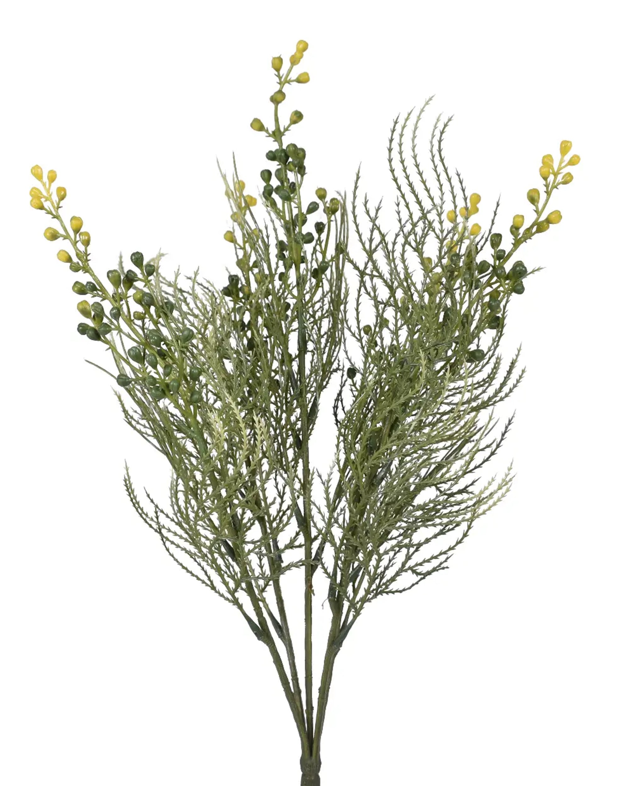 The Faire 18" Grass Bush features UV-protected faux greenery with slender, wispy leaves and small yellow-green berry-like buds, arranged against a plain white background.