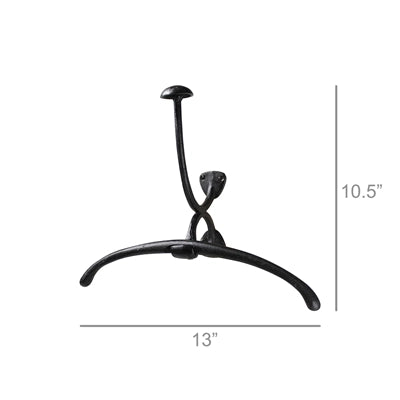 The HomArt Wall Mounted Valet is a black cast iron hook with a curved hanger and upper hook, ideal for entryways or coat closets. It measures 10.5" tall and 13" wide, shown on a white background with measurement lines.