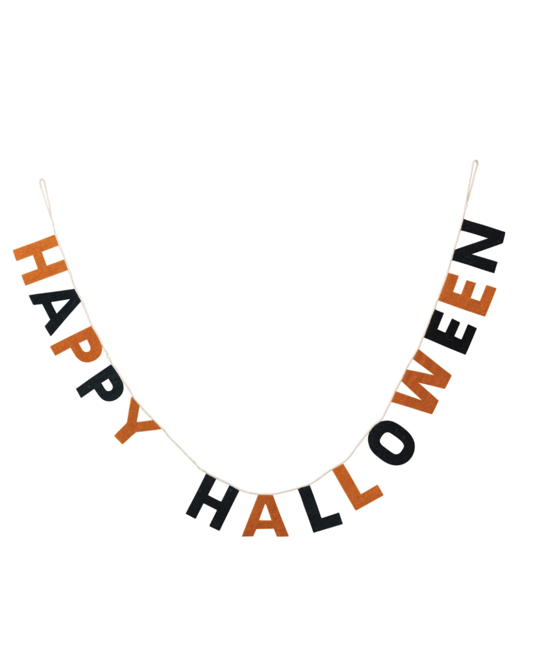 The Creative Co-op 72" "Happy Halloween" banner features alternating orange and black letters strung across a length of twine, hanging in a slight curve. This festive garland is simple yet charming, making it perfect for any seasonal celebration.