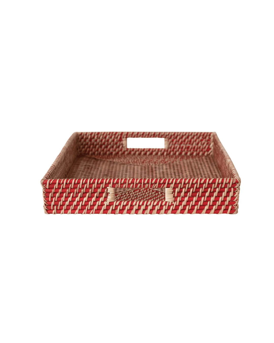 The Rattan Tray w/ Handles RED & WHITE by Creative Co-op is a rectangular, hand-woven accessory featuring a red and white checkered pattern. Equipped with handles on the shorter sides for convenient carrying, this tray is crafted from natural fibers that provide a rustic and stylish aesthetic. Ideal for storing jewelry or other small items, it serves as both a functional and decorative piece.