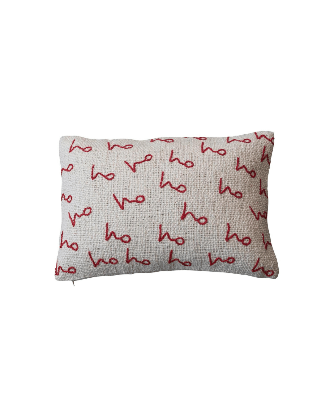 A rectangular beige lumbar pillow by Creative Co-op, featuring the "Ho Ho Ho" pattern with repeated red embroidery spelling "Ho Ho" in a handwritten style. This textured and evenly patterned embroidered pillow is perfect for holiday decor.