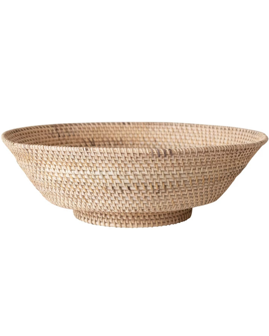 The Creative Co-op Rattan Footed Bowl is a broad, shallow hand-woven piece featuring a textured pattern and a circular base. It boasts a natural light brown hue that accentuates its detailed crafting, making it an eco-friendly decorative accent suitable for both functional and aesthetic uses.