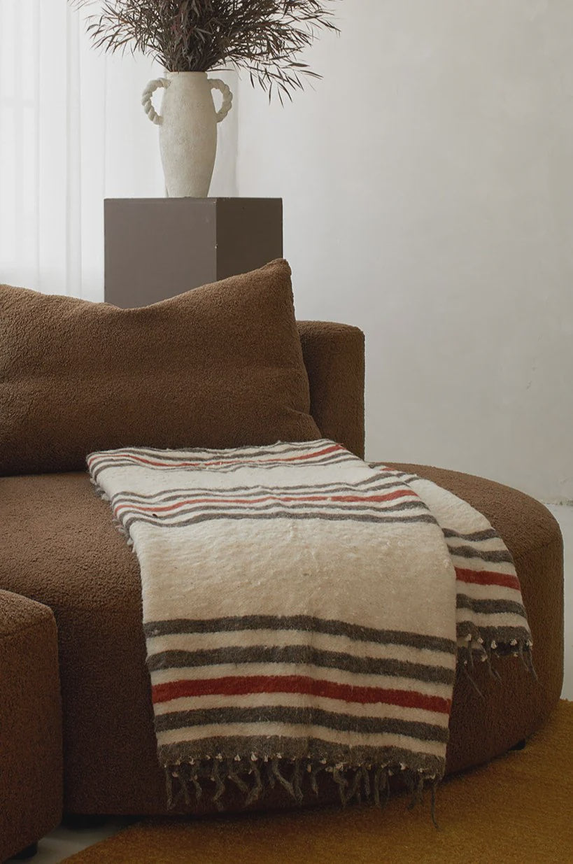 A brown textured sofa features a Celeste Mom Blanket by Jitana Wholesale, handcrafted by Mayan artisans in cream, brown, and red. In the background, a white vase with dried branches elegantly stands on a dark pedestal.