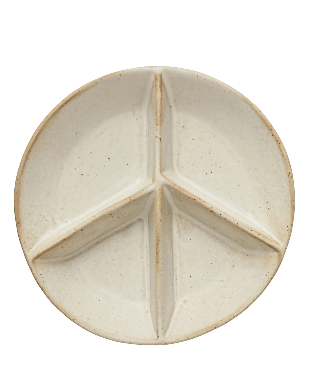 The Creative Co-op Stoneware Peace Sign Dish features a cream-colored, reactive-glazed finish with a slightly speckled texture. This minimalist ceramic dish is divided into three equal triangular sections by raised dividers, resembling a peace sign.