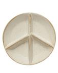 The Creative Co-op Stoneware Peace Sign Dish features a cream-colored, reactive-glazed finish with a slightly speckled texture. This minimalist ceramic dish is divided into three equal triangular sections by raised dividers, resembling a peace sign.