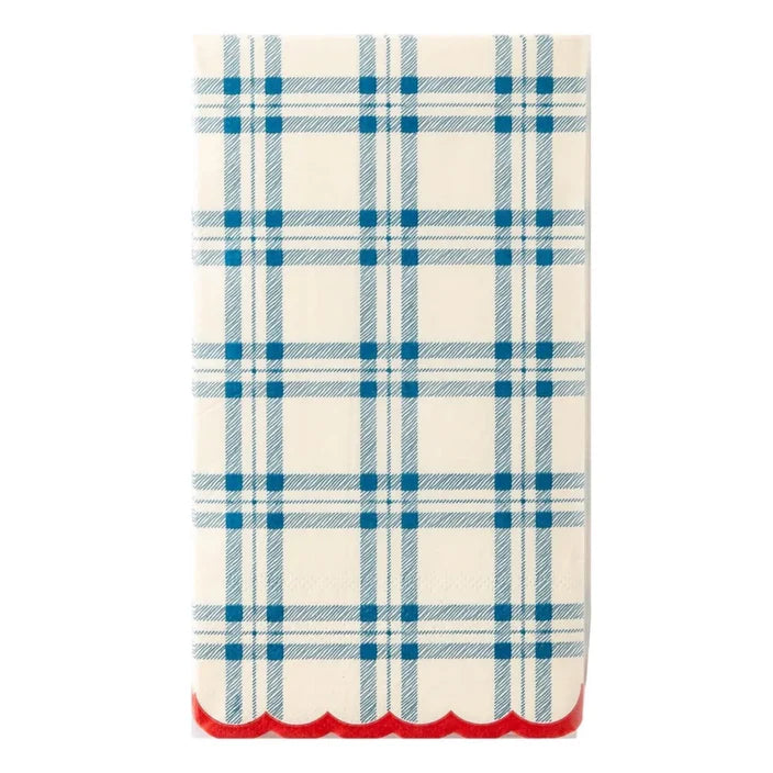 A rectangular piece of cloth or paper with a blue and white checkered pattern. These elegant My Mind's Eye Guest/Dinner Napkin feature a scalloped bottom edge colored in red.