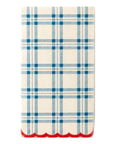 A rectangular piece of cloth or paper with a blue and white checkered pattern. These elegant My Mind's Eye Guest/Dinner Napkin feature a scalloped bottom edge colored in red.