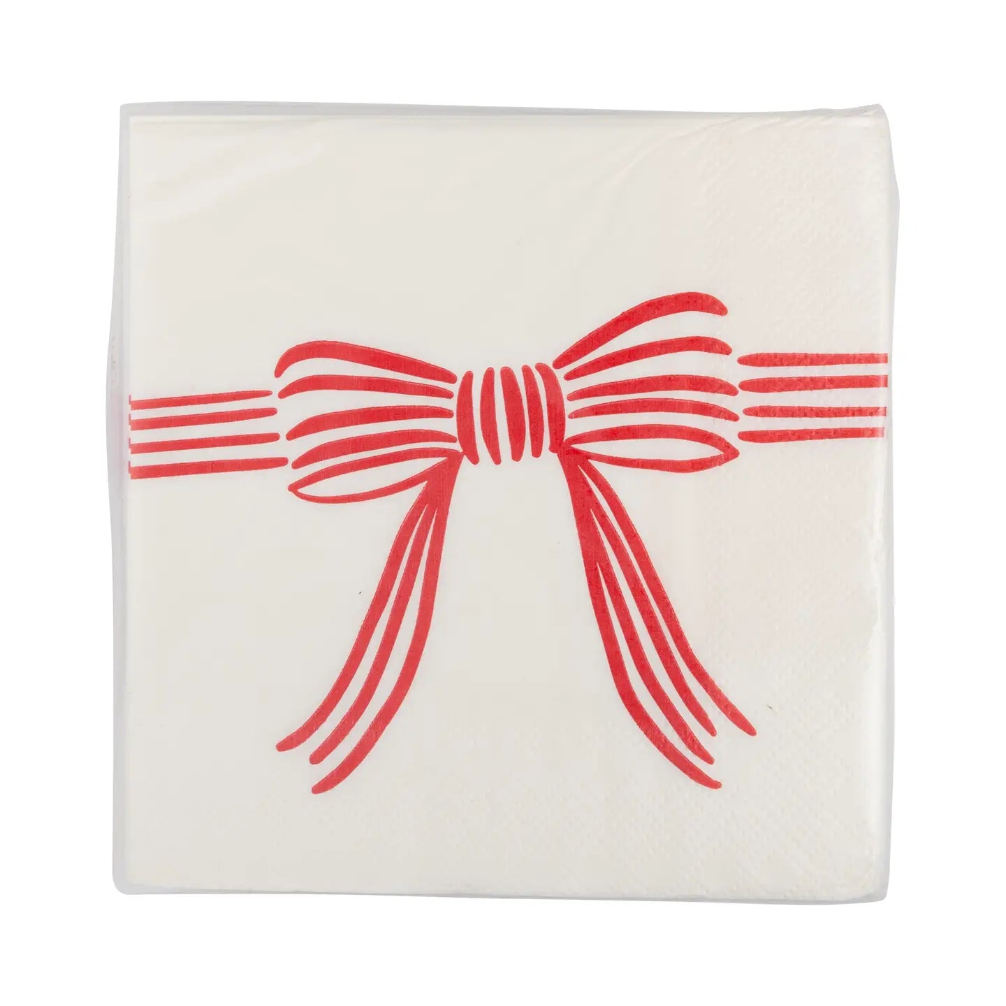 The MME Napkin by Faire is a white napkin adorned with a design of a red bow and horizontal lines that extend from both sides of the bow.