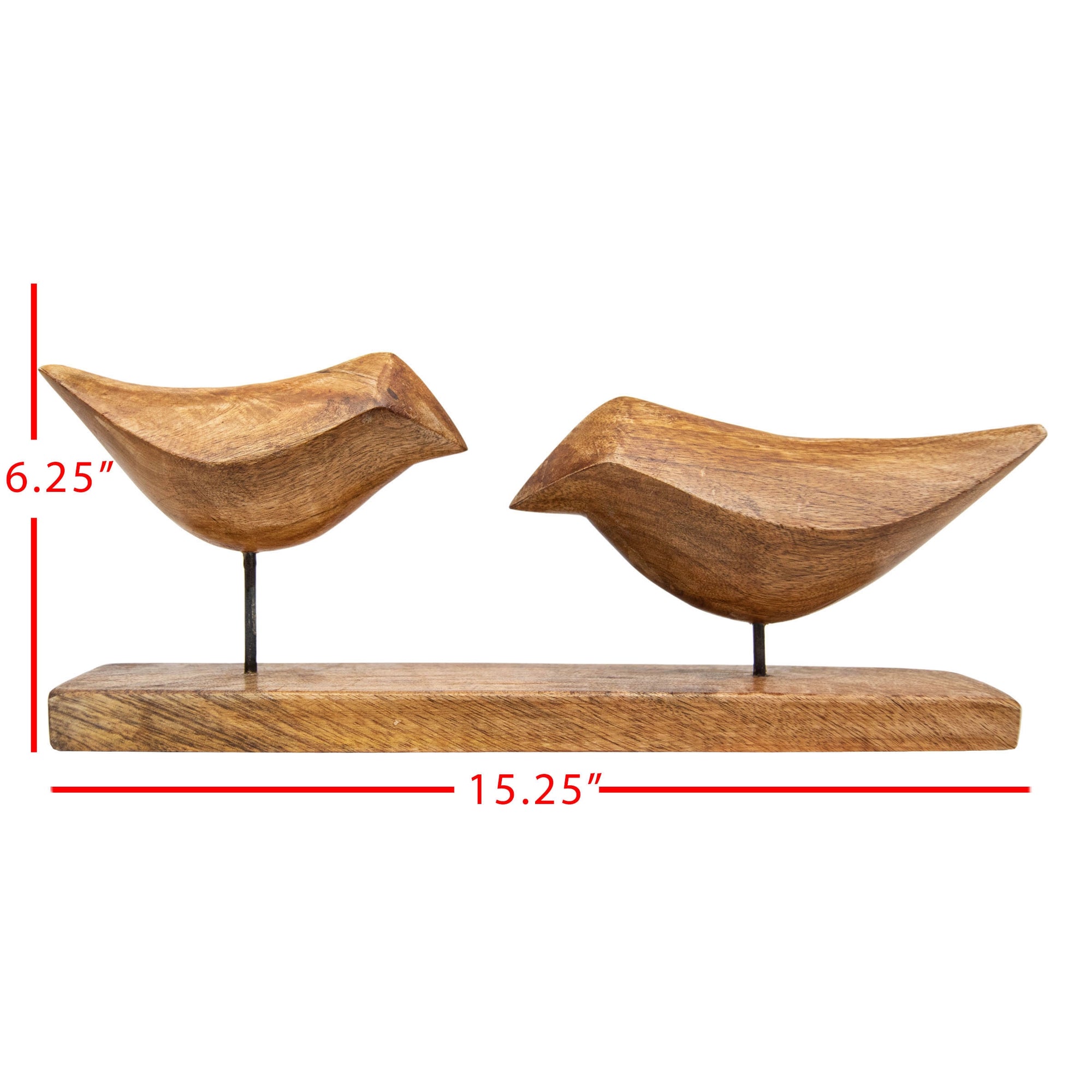 The Arlo Natural Wood Decorative Birds by Faire feature two hand-carved mango wood birds on a 15.25" rectangular base, with the left bird standing 6.25" tall—ideal boho decor accent, with red lines marking dimensions.